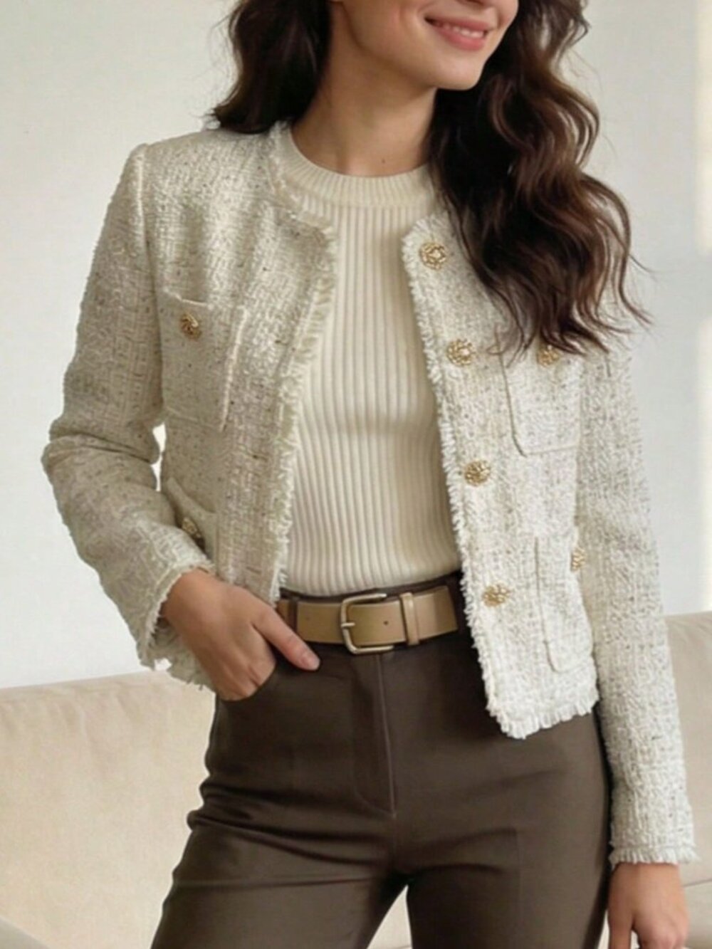 Beige Elegant Women's Casual Loose French Button Tweed Fringe Short Jacket